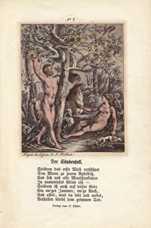 Eve holds up an apple to Adam, and entices Eve holds up an apple to Adam, and entices