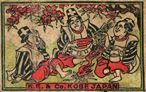 Old Japanese Matchbox label and three men and cherry blossom Old Japanese Matchbox label and three men and cherry blossom