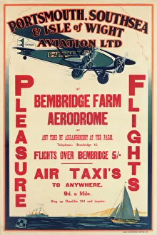 <b class=qtipBold><figcaption>Pleasure Flights Poster</figcaption></b><br>Pleasure Flights Poster, Portsmouth, Southsea & Isle of Wight Aviation Ltd, Bembridge Farm Aerodrome at any time by arrangement at the farm. Flights over Bembridge five shillings, air taxis to anywhere, ninepence per mile 20th century<br><em>© Mary Evans Picture Library 2015 - https://copyrighthub.org/s0/hub1/creation/maryevans/MaryEvansPictureID/10609933</em> Pleasure Flights Poster