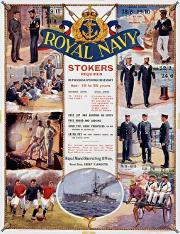 <b class=qtipBold><figcaption>Royal Navy recruitment poster</figcaption></b><br>Royal Navy recruitment poster. Stokers required, no previous experience necessary, age 18 to 25 years. Apply to the Royal Navy Recruiting Office, Naval Base, Great Yarmouth.<br><em>© Mary Evans Picture Library 2015 - https://copyrighthub.org/s0/hub1/creation/maryevans/MaryEvansPictureID/10279951</em> Royal Navy recruitment poster