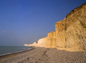 Chalk cliffs - coastline with beach and chalk cliffs of the Seven Sisters seen Chalk cliffs - coastline with beach and chalk cliffs of the Seven Sisters seen