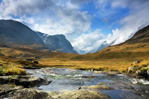 Mountain Stream - view looking down the valley looking towards Glencoe with the Three Mountain Stream - view looking down the valley looking towards Glencoe with the Three