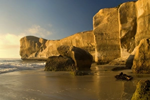 Tunnel Beach - sculpted cliffs seen from Tunnel Beach right after sunrise Tunnel Beach - sculpted cliffs seen from Tunnel Beach right after sunrise
