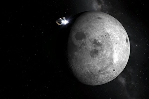 <b class=qtipBold><figcaption>Apollo spacecraft, artwork</figcaption></b><br>Apollo spacecraft. Computer artwork of an Apollo spacecraft leaving the Moon's gravitational field. The Apollo program ran from 1961-1975 and led to six successful moon landings. The first of these was the Apollo 11 landing by Neil Armstrong and Buzz Aldrin on 20 July 1969.<br><em>© Detlev van Ravenswaay</em> Apollo spacecraft, artwork