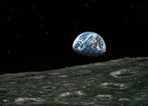 <b class=qtipBold><figcaption>Earthrise photograph, artwork</figcaption></b><br>Earthrise photograph. Artwork based on the famous Earthrise photographs taken by the Apollo 8 astronauts Frank Borman and William Anders. The photographs were taken as Apollo 8 orbited the Moon on 24 December 1968. This artwork is based on the black-and-white photograph taken by Borman. A few minutes later, Anders took a colour photograph. The Earthrise photographs are considered to be among the most influential ever taken, inspiring greater understanding of the Earth's environment, set here against the blackness of space, and the barren surface of the Moon.<br><em>© RICHARD BIZLEY/SCIENCE PHOTO LIBRARY</em> Earthrise photograph, artwork