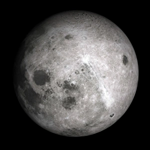 <b class=qtipBold><figcaption>Far side of the moon</figcaption></b><br>Far side of the moon. Simulation based on the first images taken of the far side of the moon by the Soviet Luna 3 space probe. The far side of the Moon is the lunar hemisphere that is permanently turned away from the Earth. Luna 3 was launched on October 4, 1959 and took 29 photographs of the lunar far side. The photographs, all of poor quality, showed a crater-rich far side with some special details.<br><em>© Detlev van Ravenswaay</em> Far side of the moon
