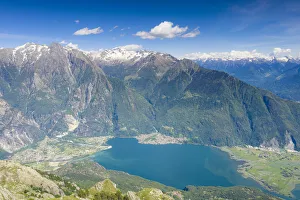 Aerial view of Novate Mezzola lake in spring, Valchiavenna, Sondrio province, Valtellina Aerial view of Novate Mezzola lake in spring, Valchiavenna, Sondrio province, Valtellina