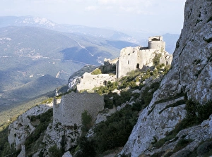 Cathar castle of Peyrepertuse, above Duilhac village, between Carcassonne and Perpignan Cathar castle of Peyrepertuse, above Duilhac village, between Carcassonne and Perpignan