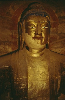 Head of large Buddha statue in Cave No. 5, Northern Wei dynasty, dating from circa 470AD Head of large Buddha statue in Cave No. 5, Northern Wei dynasty, dating from circa 470AD