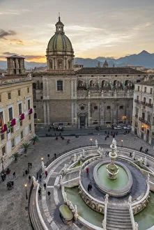 High-angle view of Praetorian Fountain (Fontana Pretoria) and San Giuseppe dei Padri Teatini church High-angle view of Praetorian Fountain (Fontana Pretoria) and San Giuseppe dei Padri Teatini church