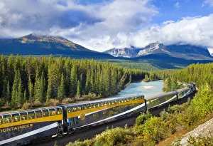 Rocky Mountaineer train at Morants curve near Lake Louise in the Canadian Rockies Rocky Mountaineer train at Morants curve near Lake Louise in the Canadian Rockies