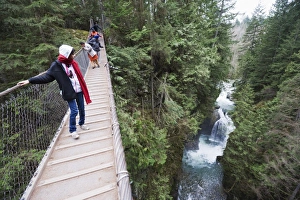 Tourists on a suspension bridge in Lynn Canyon Park, Vancouver, British Columbia, Canada Tourists on a suspension bridge in Lynn Canyon Park, Vancouver, British Columbia, Canada