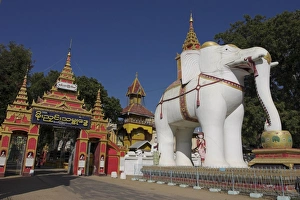 White elephant guards entrance to Thanboddhay Paya built in the 20th century by Moehnyin White elephant guards entrance to Thanboddhay Paya built in the 20th century by Moehnyin