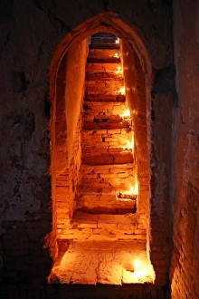 Candles on stairs at North Guni Temple Pagoda on the Plain of Bagan, Bagan, Myanmar Candles on stairs at North Guni Temple Pagoda on the Plain of Bagan, Bagan, Myanmar