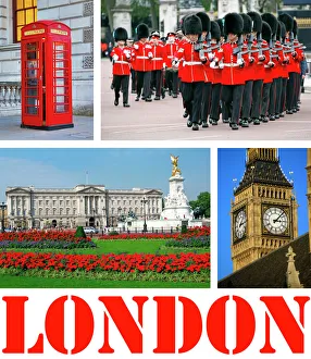Souvenir photos of Big Ben, Buckingham Palace, Guards, and a Telephone Box in London Souvenir photos of Big Ben, Buckingham Palace, Guards, and a Telephone Box in London