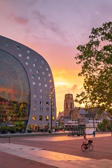 A woman riding a bike at sunset in front of the Market Hall in Rotterdam on a summer A woman riding a bike at sunset in front of the Market Hall in Rotterdam on a summer