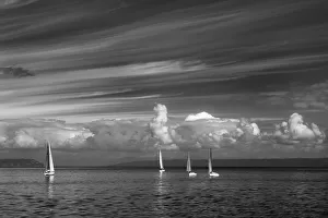 USA, Washington State, Kingston. Black and white of sailboats on Puget Sound. Credit as USA, Washington State, Kingston. Black and white of sailboats on Puget Sound. Credit as