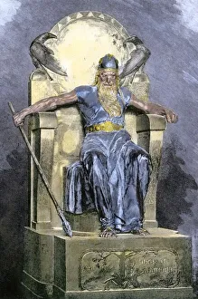 <b class=qtipBold><figcaption>Odin on his throne</figcaption></b><br>Odin, supreme god in Norse mythology. Hand-colored engraving of a 19th-century illustration<br><em>© North Wind Picture Archives</em> Odin on his throne