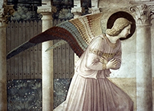 THE ANNUNCIATION. Fra Angelico: Archangel Gabriel, detail from Annunciation. Fresco THE ANNUNCIATION. Fra Angelico: Archangel Gabriel, detail from Annunciation. Fresco