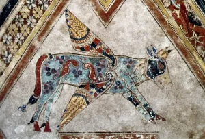 BOOK OF KELLS: ST. LUKE. St Luke's symbol. Folio 290v detail. Hiberno-Saxon manuscript BOOK OF KELLS: ST. LUKE. St Luke's symbol. Folio 290v detail. Hiberno-Saxon manuscript