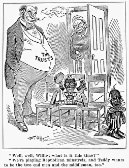 Cartoon, 1900, by Frederick Burr Opper showing President William McKinley, as the trusts' little boy, complaining that his new playmate Vice President Theodore Roosevelt wants to run the Republican minstrel show, while the trusts and Republican party boss Mark Hanna look on Cartoon, 1900, by Frederick Burr Opper showing President William McKinley, as the trusts' little boy, complaining that his new playmate Vice President Theodore Roosevelt wants to run the Republican minstrel show, while the trusts and Republican party boss Mark Hanna look on