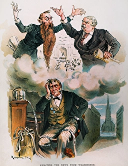 CARTOON: PANIC OF 1893. 'Awaiting the News from Washington.' American cartoon by Joseph Keppler, Jr. on the bank panic of 1893, depicting an anxious Wall Street awaiting word from Washington, where the Senate is debating repeal of the Sherman Silver Act CARTOON: PANIC OF 1893. 'Awaiting the News from Washington.' American cartoon by Joseph Keppler, Jr. on the bank panic of 1893, depicting an anxious Wall Street awaiting word from Washington, where the Senate is debating repeal of the Sherman Silver Act