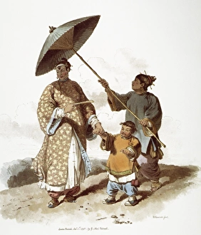 CHINA: LADY AND SON. A Chinese lady and her son attended by a servant: English lithograph CHINA: LADY AND SON. A Chinese lady and her son attended by a servant: English lithograph