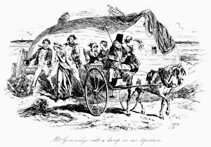 DICKENS: DAVID COPPERFIELD. Mrs. Gummidge casts a damp on our departure. Etching by Phiz DICKENS: DAVID COPPERFIELD. Mrs. Gummidge casts a damp on our departure. Etching by Phiz