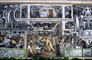 DIEGO RIVERA: DETROIT. Automobile Industry. Large detail of Diego Riveras mural at The Detroit Institute of Arts DIEGO RIVERA: DETROIT. Automobile Industry. Large detail of Diego Riveras mural at The Detroit Institute of Arts