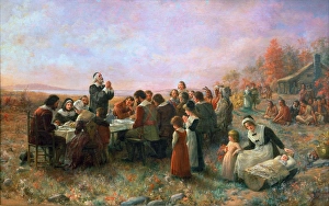 THE FIRST THANKSGIVING At Plymouth, Massachusetts. Oil on canvas, 1914, by Jennie A THE FIRST THANKSGIVING At Plymouth, Massachusetts. Oil on canvas, 1914, by Jennie A