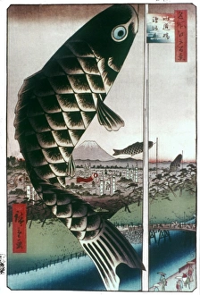 HIROSHIGE: KITES, 1857. Carp kites flown from masts. Color woodblock print from ' HIROSHIGE: KITES, 1857. Carp kites flown from masts. Color woodblock print from '