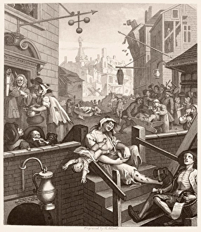 HOGARTH: GIN LANE. 'Beer Street and Gin Lane.' Steel engraving, c1860, after the original by William Hogarth (1697-1764) HOGARTH: GIN LANE. 'Beer Street and Gin Lane.' Steel engraving, c1860, after the original by William Hogarth (1697-1764)