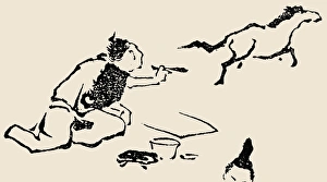 Japanese artist and horse. Detail of a plate, c1814, from Katsushika Hokusai's ' Japanese artist and horse. Detail of a plate, c1814, from Katsushika Hokusai's '
