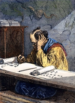 A Japanese calligrapher. Line engraving, late 19th century, after Alphonse de Neuville A Japanese calligrapher. Line engraving, late 19th century, after Alphonse de Neuville
