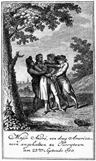 JOHN ANDRE (1751-1780). The capture of Major John Andre, a British soldier and spy during the American Revolution, near Tarrytown, New York, 1780. Engraving by Daniel Berger after Daniel Chodowiecki, 1784 JOHN ANDRE (1751-1780). The capture of Major John Andre, a British soldier and spy during the American Revolution, near Tarrytown, New York, 1780. Engraving by Daniel Berger after Daniel Chodowiecki, 1784