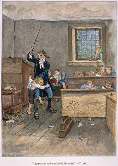 LEGEND OF SLEEPY HOLLOW. 'Spare the rod and spoil the child.' The Yankee schoolmaster Ichabod Crane in the classroom. Line engraving after George Henry Boughton from a late 19th century edition of 'The Legend of Sleepy Hollow' by Washington Irving LEGEND OF SLEEPY HOLLOW. 'Spare the rod and spoil the child.' The Yankee schoolmaster Ichabod Crane in the classroom. Line engraving after George Henry Boughton from a late 19th century edition of 'The Legend of Sleepy Hollow' by Washington Irving