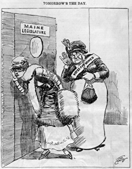 MAINE: WOMEN'S SUFFRAGE. 'Tomorrow's the Day.' Women listening at the door as the Maine State Legislature votes on an act to grant women the right to vote for presidential electors. Cartoon from a Maine newspaper of 1920 MAINE: WOMEN'S SUFFRAGE. 'Tomorrow's the Day.' Women listening at the door as the Maine State Legislature votes on an act to grant women the right to vote for presidential electors. Cartoon from a Maine newspaper of 1920