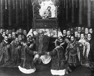 THE MASS OF THE LEAGUE. 16th century painting illustrating the affirmation by the THE MASS OF THE LEAGUE. 16th century painting illustrating the affirmation by the