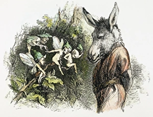 MIDSUMMER NIGHT'S DREAM. Bottom, wearing an asss head, with the fairies (Act III MIDSUMMER NIGHT'S DREAM. Bottom, wearing an asss head, with the fairies (Act III