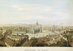 MILAN, ITALY, c1860. Panoramic view of Milan, Italy: Italian colored engraving, c1860 MILAN, ITALY, c1860. Panoramic view of Milan, Italy: Italian colored engraving, c1860