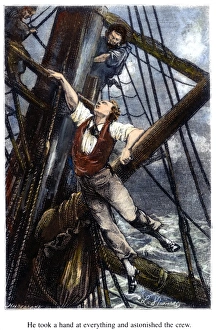 Passepartout in the rigging of the steamer Rangoon : wood engraving after a drawing by Passepartout in the rigging of the steamer Rangoon : wood engraving after a drawing by
