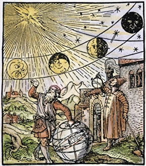 PHASES OF THE MOON. Woodcut designed by Hans Holbein the Younger from Sebastian Munsters PHASES OF THE MOON. Woodcut designed by Hans Holbein the Younger from Sebastian Munsters