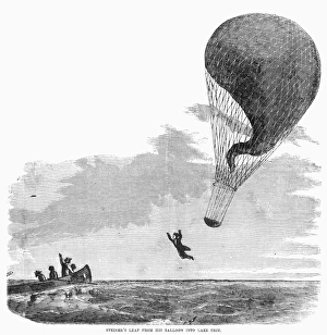 Professor John Steiner leaping from his hot air balloon into Lake Erie during an attempt Professor John Steiner leaping from his hot air balloon into Lake Erie during an attempt