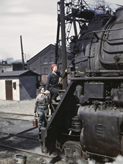 RAILROAD WORKERS, 1943. Mrs. Marcella Hart and Mrs. Viola Sievers, employees of the Chicago RAILROAD WORKERS, 1943. Mrs. Marcella Hart and Mrs. Viola Sievers, employees of the Chicago