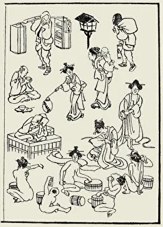 Street scene (top)/Public bath (bottom). Sketch from Katsushika Hokusai's 'Manga Street scene (top)/Public bath (bottom). Sketch from Katsushika Hokusai's 'Manga