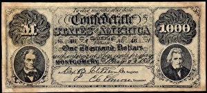 One thousand dollare banknote issued by the Confederate States of America at Montgomery One thousand dollare banknote issued by the Confederate States of America at Montgomery
