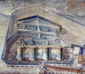 VIEW OF THE BASTILLE. A birds-eye-view of the Bastille. French watercolor by Pierre VIEW OF THE BASTILLE. A birds-eye-view of the Bastille. French watercolor by Pierre