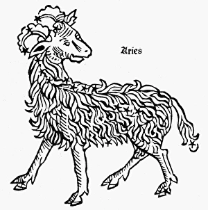 ZODIAC: ARIES, 1482. Aries, the ram. Zodiacal woodcut from Gaius Julius Hyginus' ZODIAC: ARIES, 1482. Aries, the ram. Zodiacal woodcut from Gaius Julius Hyginus'