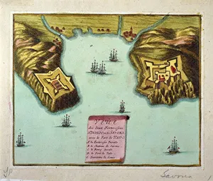 Defense system of port of Savona with Invado and Savona fortresses, copper engraving, 1705 Defense system of port of Savona with Invado and Savona fortresses, copper engraving, 1705