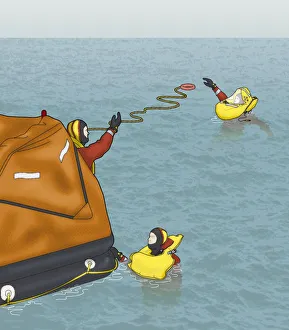 Digital composite of man on liferaft throwing quoit and rope to man in sea Digital composite of man on liferaft throwing quoit and rope to man in sea